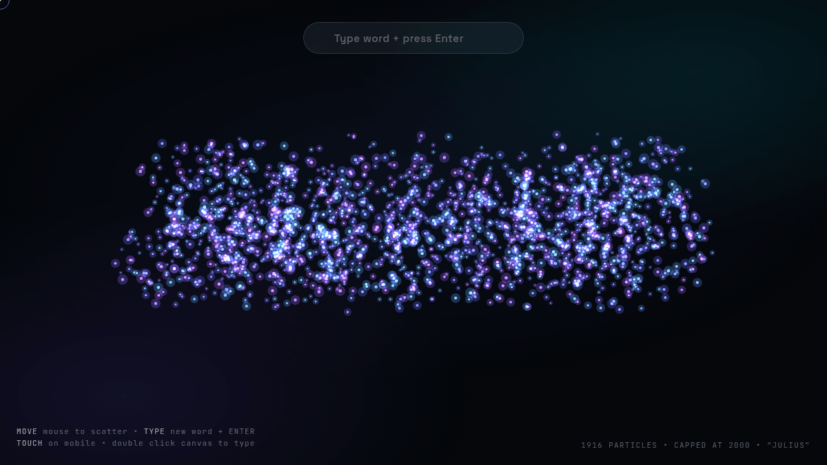 Particle word art example website made in Julius